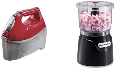 Red hand mixer and black mini chopper