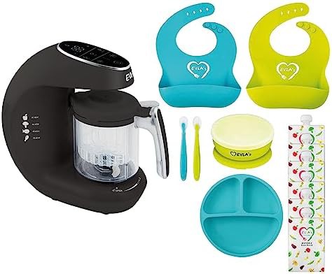 Gray and turquoise baby food steamer grinder